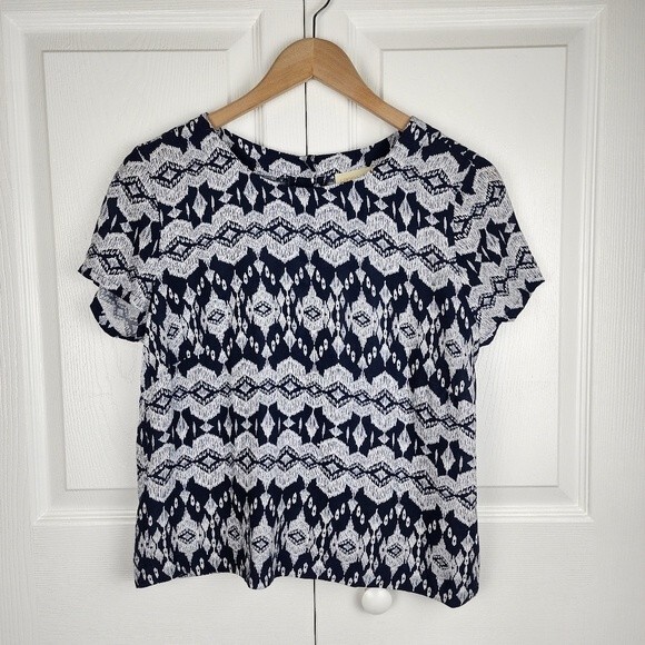 Lucy & Laurel Boho Crop Top Medium Blue White Rayon Button Back Blouse Festival - Picture 3 of 12